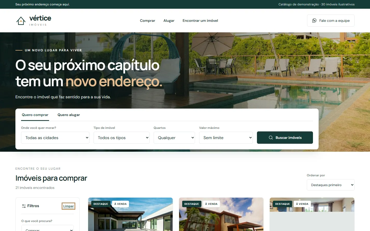 Captura de tela do projeto Vértice Imóveis